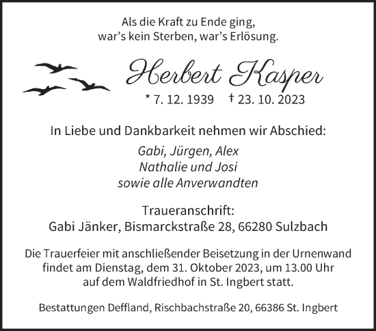 Todesanzeige von Herbert Kasper von saarbruecker_zeitung