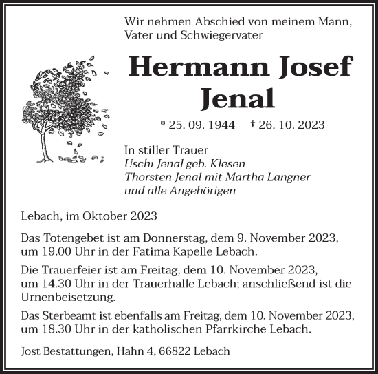 Todesanzeige von Hermann Josef Jenal von saarbruecker_zeitung