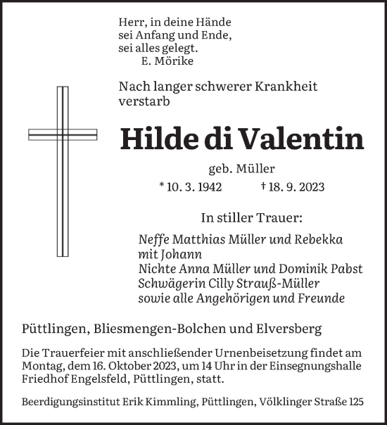 Todesanzeige von Hilde di Valentin von saarbruecker_zeitung