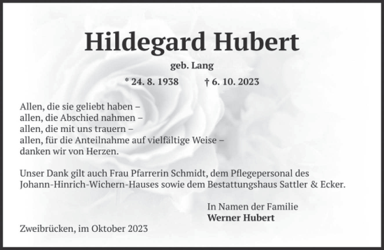Todesanzeige von Hildegard Hubert von saarbruecker_zeitung