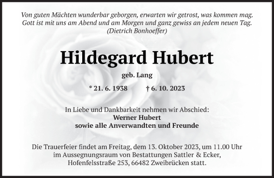 Todesanzeige von Hildegard Hubert von saarbruecker_zeitung