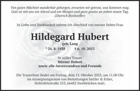 Todesanzeige von Hildegard Hubert von saarbruecker_zeitung