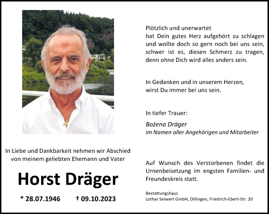 Todesanzeige von Horst Dräger von saarbruecker_zeitung