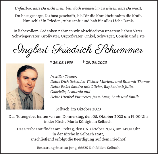Todesanzeige von Ingbert Friedrich Schummer von saarbruecker_zeitung