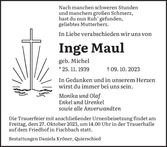Todesanzeige von Inge Maul von saarbruecker_zeitung