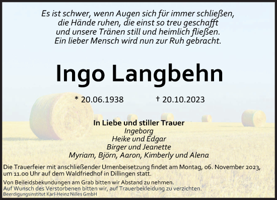 Todesanzeige von Ingo Langbehn von saarbruecker_zeitung