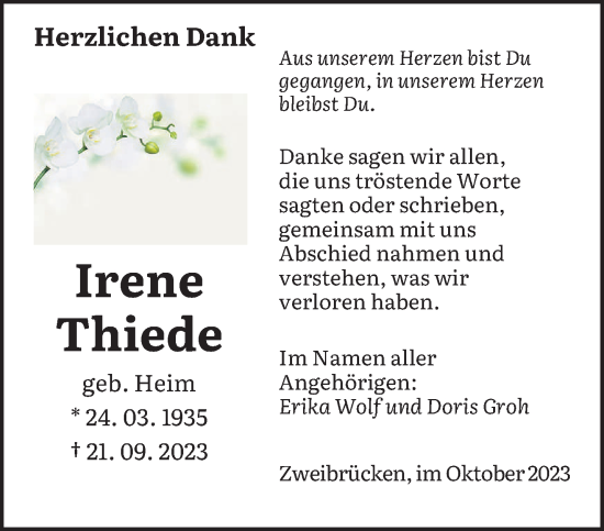 Todesanzeige von Irene Thiede von saarbruecker_zeitung