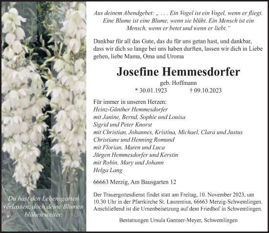 Todesanzeige von Josefine Hemmesdorfer von saarbruecker_zeitung