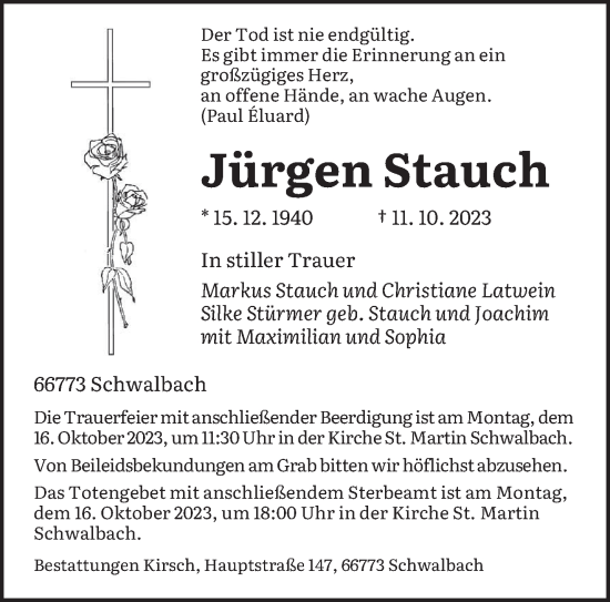 Todesanzeige von Jürgen Stauch von saarbruecker_zeitung