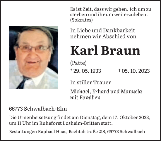 Todesanzeige von Karl Braun von saarbruecker_zeitung