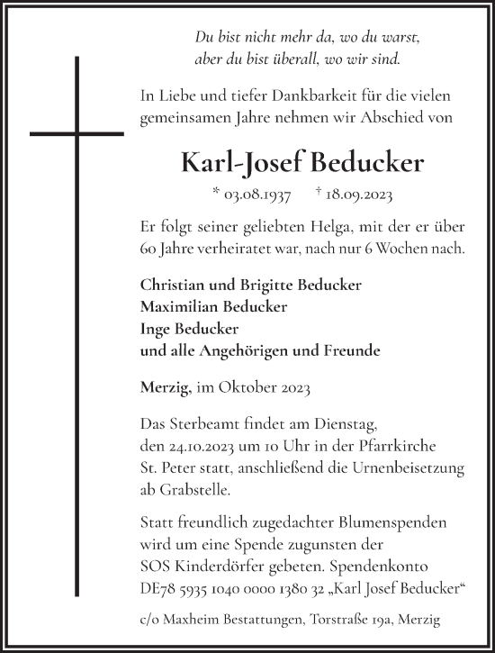 Todesanzeige von Karl-Josef Beducker von saarbruecker_zeitung