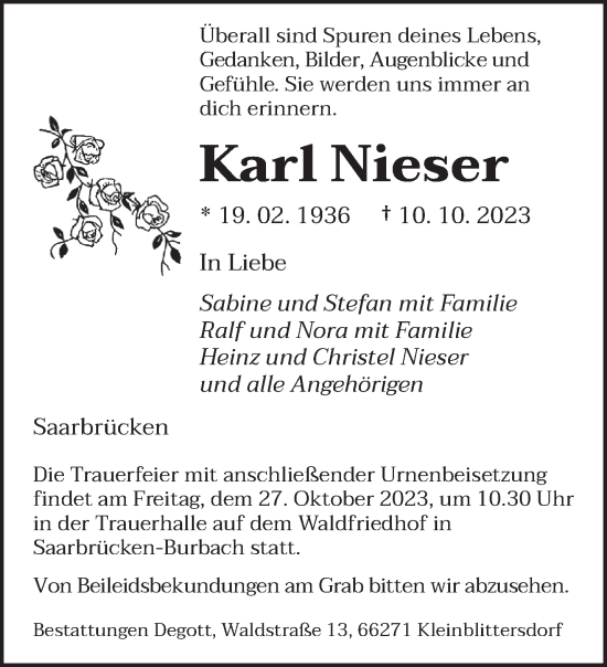 Todesanzeige von Karl Nieser von saarbruecker_zeitung