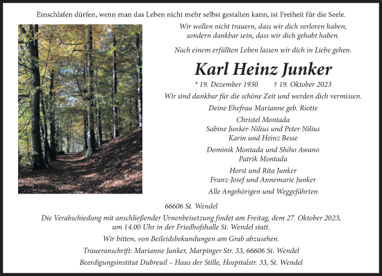 Todesanzeige von Karl Heinz Junker von saarbruecker_zeitung