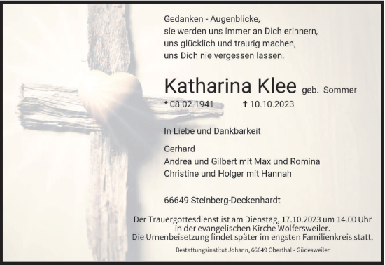 Todesanzeige von Katharina Klee von saarbruecker_zeitung