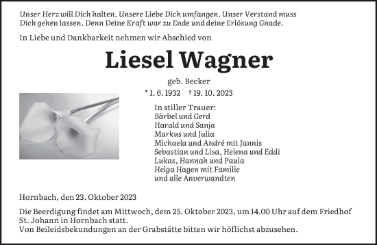 Todesanzeige von Liesel Wagner von saarbruecker_zeitung