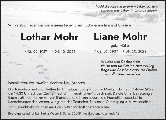 Todesanzeige von Lothar und Liane Mohr von saarbruecker_zeitung