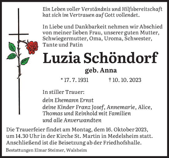 Todesanzeige von Luzia Schöndorf von saarbruecker_zeitung