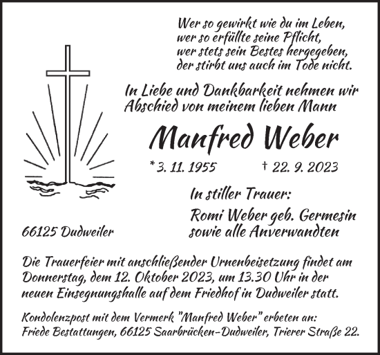 Todesanzeige von Manfred Weber von saarbruecker_zeitung