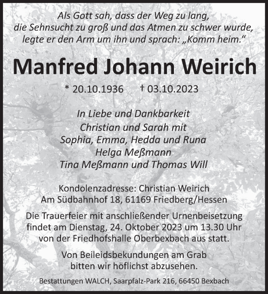 Todesanzeige von Manfred Johann Weirich von saarbruecker_zeitung