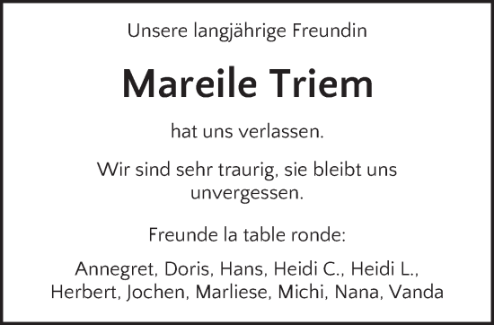 Todesanzeige von Mareile Triem von saarbruecker_zeitung