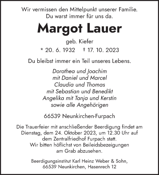 Todesanzeige von Margot Lauer von saarbruecker_zeitung