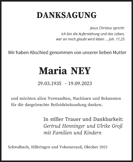 Todesanzeige von Maria Ney von saarbruecker_zeitung