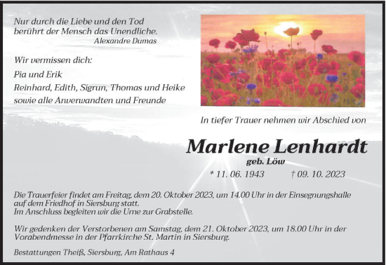 Todesanzeige von Marlene Lenhardt von saarbruecker_zeitung