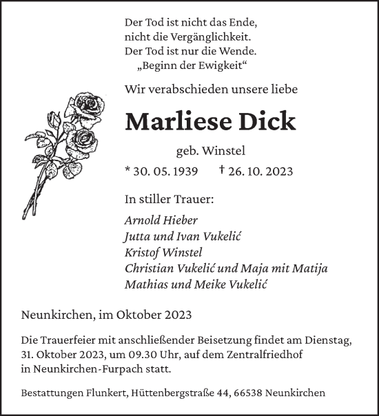 Todesanzeige von Marliese Dick von saarbruecker_zeitung