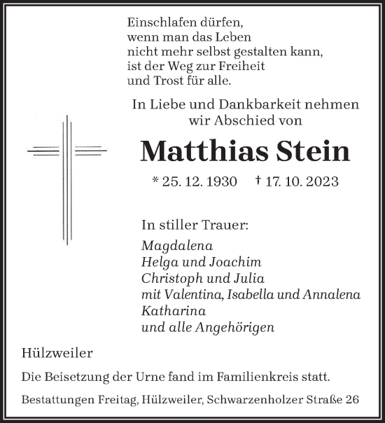 Todesanzeige von Matthias Stein von saarbruecker_zeitung