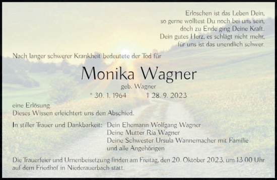 Todesanzeige von Monika Wagner von saarbruecker_zeitung