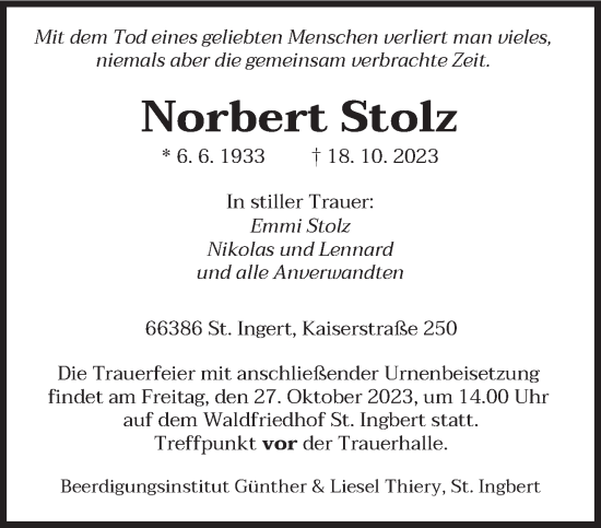 Todesanzeige von Norbert Stolz von saarbruecker_zeitung