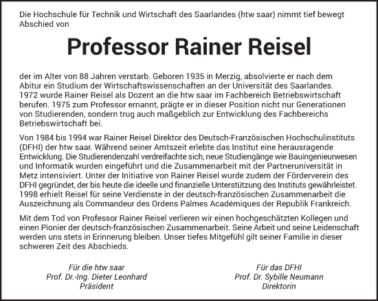 Todesanzeige von Rainer Reisel von saarbruecker_zeitung