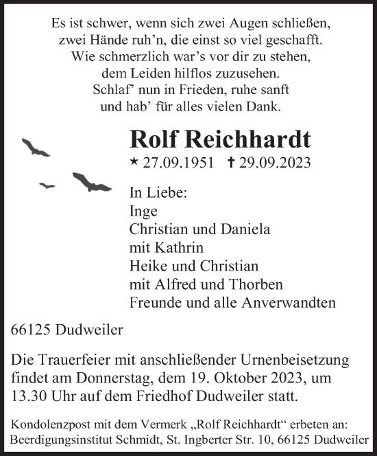 Todesanzeige von Rolf Reichhardt von saarbruecker_zeitung