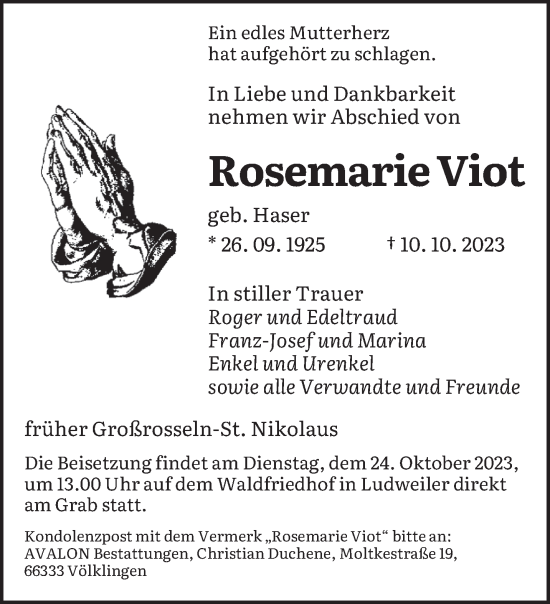 Todesanzeige von Rosemarie Viot von saarbruecker_zeitung