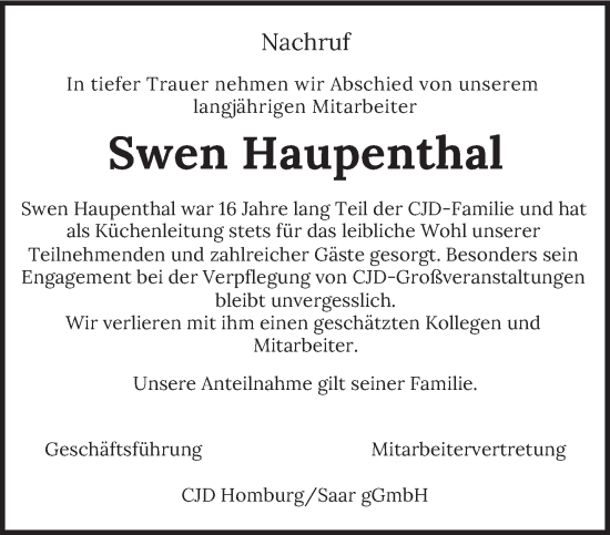 Todesanzeige von Swen Haupenthal von saarbruecker_zeitung