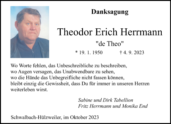 Todesanzeige von Theodor Erich Herrmann von saarbruecker_zeitung