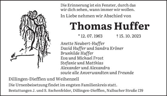 Todesanzeige von Thomas Huffer von saarbruecker_zeitung