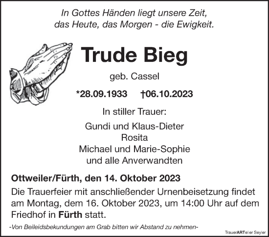 Todesanzeige von Trude Bieg von saarbruecker_zeitung