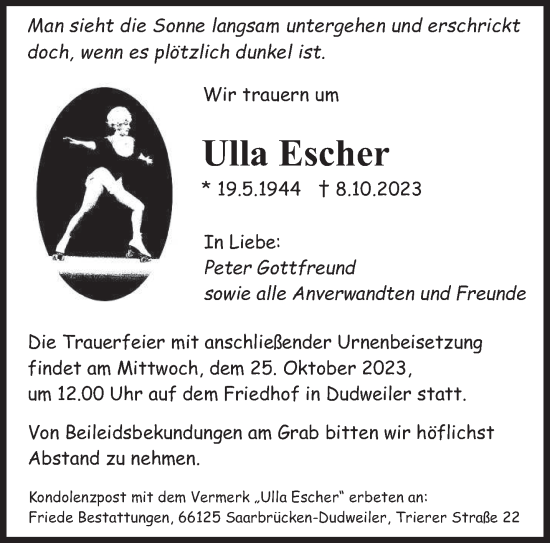 Todesanzeige von Ulla Escher von saarbruecker_zeitung