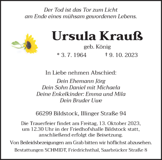 Todesanzeige von Ursula Krauß von saarbruecker_zeitung