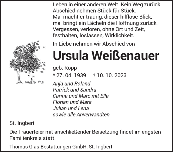Todesanzeige von Ursula Weißenauer von saarbruecker_zeitung