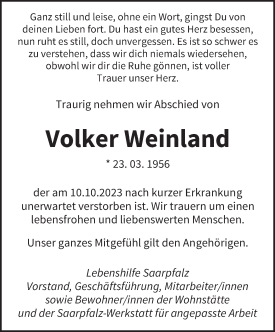 Todesanzeige von Volker Weinland von saarbruecker_zeitung