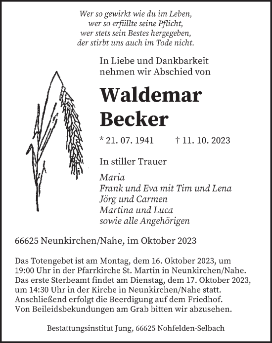 Todesanzeige von Waldemar Becker von saarbruecker_zeitung