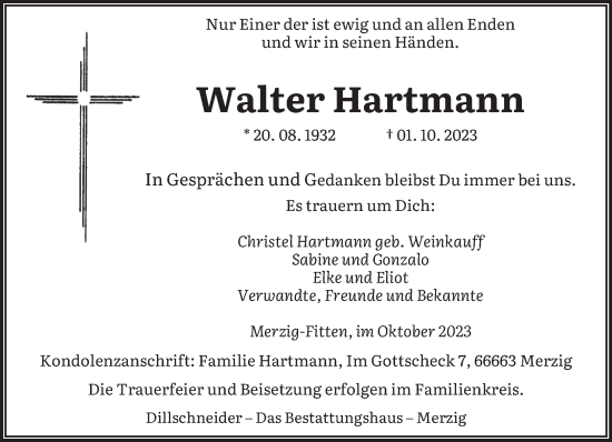 Todesanzeige von Walter Hartmann von saarbruecker_zeitung