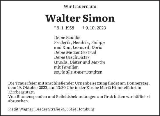 Todesanzeige von Walter Simon von saarbruecker_zeitung