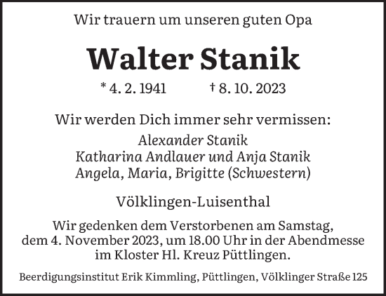 Todesanzeige von Walter Stanik von saarbruecker_zeitung
