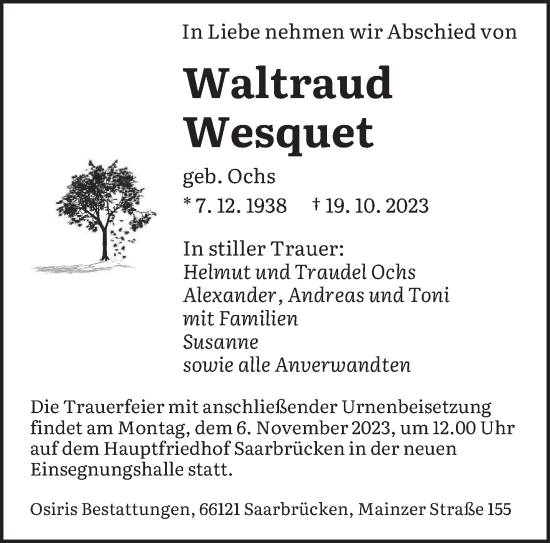 Todesanzeige von Waltraud Wesquet von saarbruecker_zeitung