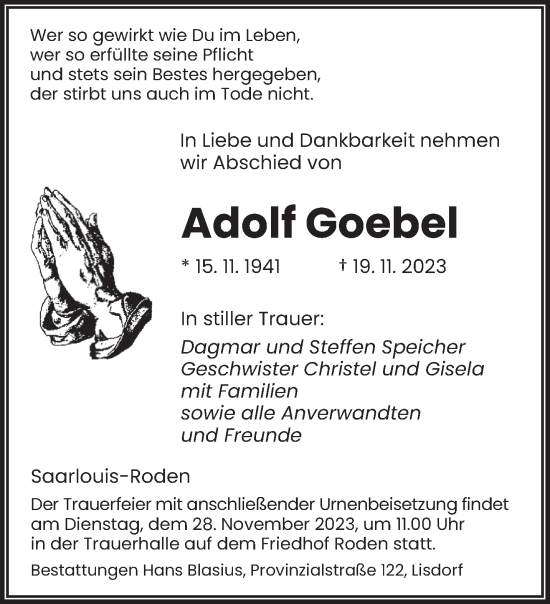 Todesanzeige von Adolf Goebel von saarbruecker_zeitung