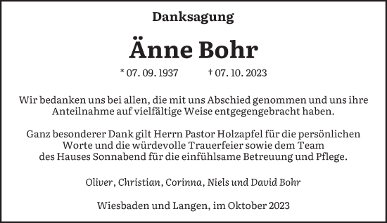 Todesanzeige von Änne Bohr von saarbruecker_zeitung