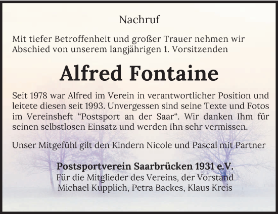 Todesanzeige von Alfred Fontaine von saarbruecker_zeitung